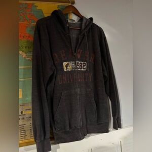 Buc-ees hooded zip-up sweater. Sz M. Distressed look. Cozy warm feel.